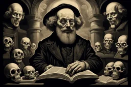 professor of halloween propaganda poster in the style of Rembrandt, Escher and Giger