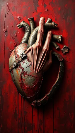 Bosch style painting , A 3D hand coming out of the middle of a rusty metallic open heart in details on red bloody background