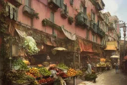 A greengrocer in colorful genoa street+Italian mediavel Italian sea+alphonse mucha, greg rutkowski,matte painting, cryengine, hyper detailed, felix kelly, fantasy art, seb mckinnon