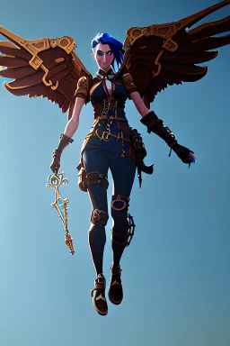 steampunk angel flying through blue sky