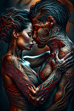 Multiple entanglements between a twisted thin piece of cloth as part of many twisted and spiraling branches disappearing into the distant mist, epic photo, 2 beautiful lovers are embracing, stunning tattoos that intwine with eachothers tattoos,sharp on highly detailed skin with wrinkles and high contrast, photorealistic, 4K, 3D, realism, hyperrealism, detail, good lighting, detailed texture, modern photography style, 3D, 4D, 4K