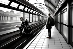 One single mature cat, guitar case, wearing clothes, sitting in the subway, Vienna, friendly, sunny day, model style, hyper realistic, extremely accurate, delicate, extremely detailed, Graphic novel style, wide-angle, open aperture, superfine pencil