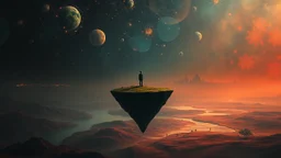 one alone human stands on deep dark colors little floating island. the island with alone human floatings over colors landscape . normal neurotipical lifes contrast the weird inner world with neurodivergens soul and mind,, Whimsical strange style of Chagall, of Bosch of giger and Anton Semenov. weird absurd beauty nightmare, in background neuronic network and landscape with cites and with many little humans on eart, Whimsical surreal vibe, cinematic