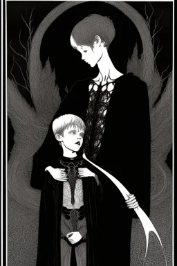 7 year old boy, necromancer, friendly, looks dead,with a long lamprey emerging from his belly , wearing black robes, in the style of Harry Clarke