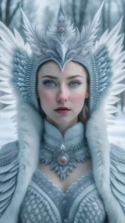 half body wide angle RAW photo, ice queen queen wearing luxurious and ornate clothing, fully covered, opals and floral embellishments, fractal wing texture, winter landscape in the background, beautiful face, high detailed skin, snow, ice, 8k uhd, dslr, soft lighting, high quality, film grain