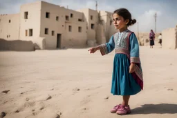 A five-year-old Palestinian girl wearing a traditional dress and new shoes looks to the side and points at a distant building.