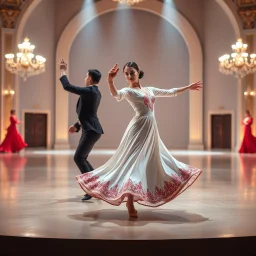 For a known Azeri female dance choreography, the most iconic and recognizable style is the **"Naz Elama"** or the **"Lale" (Tulip)** dance. These dances are characterized by fluid, swan-like arm movements, intricate hand gestures, and a very smooth "gliding" step where the dancer appears to float across the floor. in a modern huge stage in a royal hall