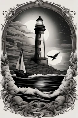 Lighthouse and ship at night tattoo design