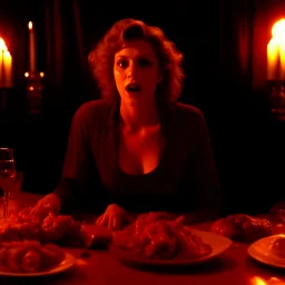 Spooky, ultra realistic, distress, dining, ultra realistic hot woman, pieces of meat, creepy, woman, organic, ail, dynamic, excited and lively scene, hot women, hypermaximalist figures, stb, Creepy, Alfred Hitchcock, Sam Raimi, sinister, John Carpenter, Dario Argento, ornate