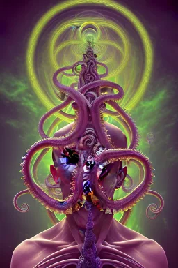 Spiritual being with Tentacles over human Head creating reality around, wrapping Spiral around Human, Psychedelic