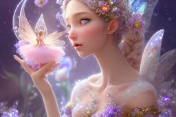 one very little beautiful fairy on a big crystal subtle flower in a galactic ambiance, transparent petals, delicate colors, in the foreground, full of details, smooth, bright sunshine，soft light atmosphere, light effect，vaporwave colorful, concept art, smooth, extremely sharp detail, finely tuned detail, ultra high definition, 8 k, unreal engine 5, ultra sharp focus