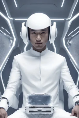 a peaceful indonesian male with white futuristic clothing holding a piece of technology