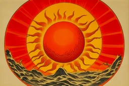 A light red blazing sun with a fiery planet designed in ancient Egyptian pottery painted by Katsushika Hokusai