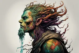 highly detailed full color, 3/4 profile concept illustration of a mystical druid anti heroine character , maximalist, sharp focus, highest resolution, in the styles of Alex Pardee, Denis Forkas , and Masahiro Ito, boldly inked, 8k, coarse, gritty textures