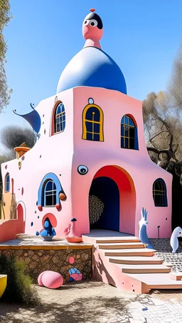 A light pink magical witch's house designed in ancient Egyptian pottery painted by Joan Miro