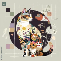 Random people and cats, random environment, random artistic style, random mixed techniques, random colours, random shapes, minimalist, creative, Precise figures, realistic textures, Klimt