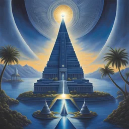 centered an extraordinary view of an otherworldly alien dark blue pyramid palace with a large sun symbol on top of it, surrounded by ocean, a queen of an otherworldly extraterrestrial race is standing in the foreground looking at her land, intricate airbrush art, pencil sketch, crisp quality, award winning masterpiece