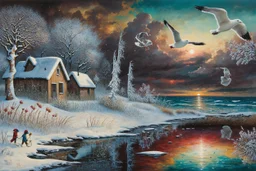 Richly textured Hieronymus Bosch, Catrin Welz-Stein, William Turner, Zdzisław Beksiński, Jacek Yerka oil on canvas zentangle line art style mix, surreal frosted fantasyland winter oceanscape, hoarfrost on trees, high grasses, snow and cottages, withered flowers, pale sunrise; paint splatter, beautiful vibrant colors, reflections, SK, flying seagulls, dramatic clouds, snowfall.