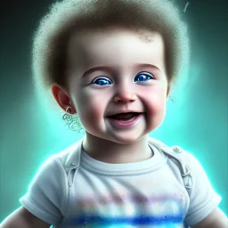 a smiling human baby called tobias leander with curly hair, photo realistic spray painting