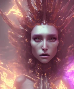 A portrait of crystalised transgender demon,beauty in face, atmospheric, realistic, unreal engine, cinematic lighting,deep colours,gold,red,purple,fire,dark octane render.