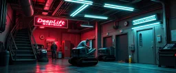 Scene 1: Introduction to DeepLift Systems Location: The DeepLift Systems garage, deep underground, with stairs and elevators. The atmosphere is modern, neon signs lighting up the space, with clean lines and sleek, industrial design. The place feels more like a high-end, commercial garage or workshop—very polished, but with a faint sense of mystery lurking beneath the surface. Action: The Mechanic (Name TBD): We start with the mechanic working diligently in his garage, maintaining flat floor bots