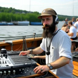 A short brown beard DJ with a hat on his head, sing at microphone, many electronic consoles around,boat at middle river, FRONT VIEW