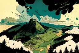 a map, forest, a hill, mountain,, comic book, post -apocalypse, , sky, clouds