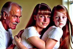 beautiful auburn hair teenage laracroft girls with grandpa in bedroom, hugging dad bare lips