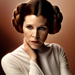 half-length color photography, three-quarter face pose of carrie fisher as Princess Leia with realistic fine and very simple short hair, entrancing deep brown eyes, Intricate, High Detail, Sharp focus, realism, beautiful and detailed lighting, Nikon D850, ef 85mm 5.6 by Annie Leibovitz