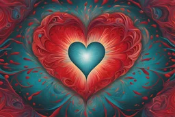 heart exploding into teal and red shards and shatters psychedelic in the illustrated style of alex grey
