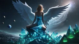 matrix universe, space, planets, god creation, angels from other dimensions with beautiful wings, trees on the planet, behind green crystals of light, few tiberium monolith deposits on the planet near tree,angel with a wings siting on the blue monolith made of blue tiberium crystals of lights, matrix universe, planets on the back grounds, green crystals of tiberium on the life and right