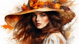 Vintage art, brown and orange shades, sunny day, straw hat for woman, summer dress, splashes of art, in the style of Dante Gabriel Rossetti, Yossi Kotler, Camilla D'Errico, masterpiece, fine art in the style of Carne Griffiths, Paula Hoppe