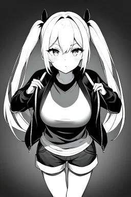 blonde girl with pigtails dressed in a jacket and shorts makes her way in the dark with a flashlight, greyscale