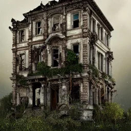 close-up of an abandoned, two story building, crumbling, debris, weeds, overtaken by nature, 8k resolution, high-quality, elaborate, fine-detail, intricate, baroque, detailed matte, digital art, volumetric lighting, illustration, 3D octane render, brian froud, howard lyon, selina french, anna dittmann, annie stokes, lisa parker, greg rutowski