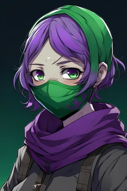young. scholar. masked. deep green and purple. inquisitive and happy. anime.