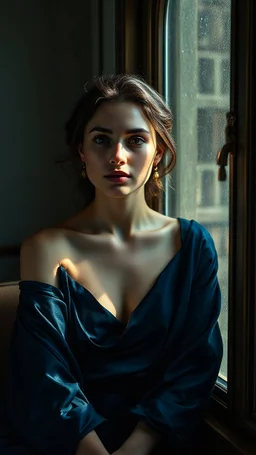 A 27-year-old woman with soft, ethereal beauty and calm confidence, her skin glowing with a natural pearlescent radiance. She wears a midnight-blue silk gown that drapes fluidly around her, catching light in gentle waves. She sits beside a tall arched window framed with antique brass, moonlight spilling across her features and creating delicate highlights along her cheekbones and nose. The atmosphere is serene and cinematic, with cool shadows stretching across the room, while faint dust particle