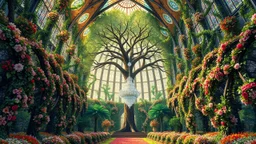 Botanical Cathedral: Envision a grand, sweeping structure composed entirely of interconnected flowers, vines, and trees. The walls are a kaleidoscope of colors, with petals and leaves that shimmer like stained glass. At the center, a magnificent, glowing tree rises, its branches supporting a delicate, crystal chandelier. Style: Inspired by Gothic architecture and Impressionism.