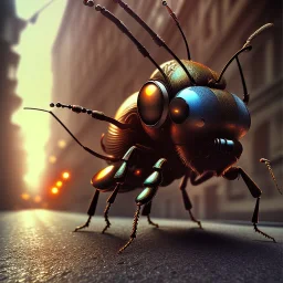 close-up of a insect in a low-light city street, realistic, steampunk, 3d-art, futuristic