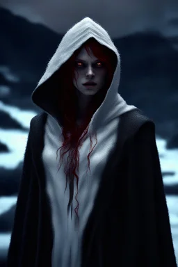 Photoreal gorgeous hooded warlock vampire spirit demon with porcelain skin and red hair surreal white wispy dress in a dark mountain landscape snowing at night otherworldly creature, in the style of science fiction photorealistic, bokeh masterpiece smooth shading, ultra detailed, high resolution, cinematic, deep shadows, 8k, cinema 4d, HDR, dust effect, vivid colors brooding gothic and blood on snow with eclipse tinged with dark red frazetta painting trees broken sky snow capped tree