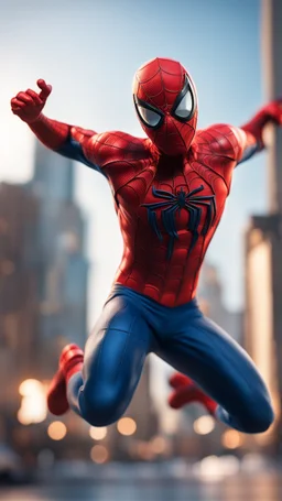 spider man jumping with skies, bokeh like f/0.8, tilt-shift lens 8k, high detail, smooth render, down-light, unreal engine, prize winning