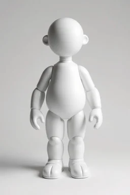 a simple standing animated figure (head molded into shoulders, no neck, legs molded from bottom of body, a completely flat face area, stubby legs, bulky arms, no painted details, white in color) vinyl art toy