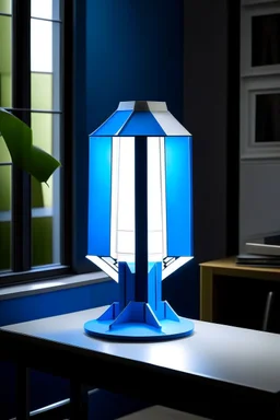 gaming table lamp inspired by stark tower buliding architecture futuristic-modern stlye. geometric form, blue and white color scheme