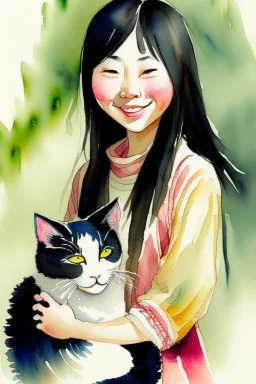 A cute smiling asian girl is holding a cat. Watercolour