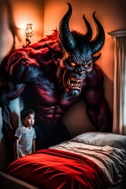 children looking a big demon into the corner of theri bed room