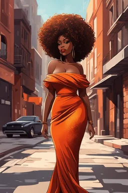 Create a abstract art cartoon image of a curvy black female walking thru the city streets wearing a burnt orange off the shoulder maxi sundress. Prominent make up with brown eyes. Highly detailed tight curly black shiny afro