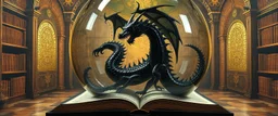 master oil painting by Escher and Giger, ancient library book obsidian chrome black dragon inside huge transparent vase and gold, master 3d models