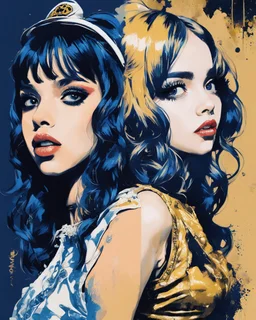 Poster in two gradually, a one side the Singer Danish MØ face and other side the Singer Melanie Martinez face, painting by Yoji Shinkawa, darkblue and gold tones,