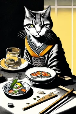 Cat, sitting at a table, eating sushi,perfect iris, ink and pencil, style Tiziano