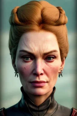 Cersei Lannister as evil queen in black leather, lena headay, leather, busty, cleavage, angry, rage, stern look. character design by cory loftis, fenghua zhong, ryohei hase, ismail inceoglu and ruan jia. unreal engine 5, artistic lighting, highly detailed, photorealistic, fantasy