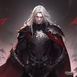 Vampire knight, young man, handsome, long white hair, black full plate armor, red cape